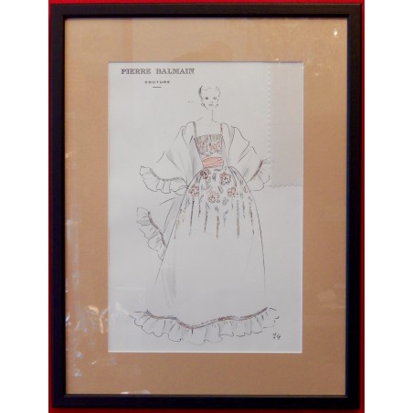 Gravure de mode Pierre Balmain Couture originale réhaussée à la main 80's