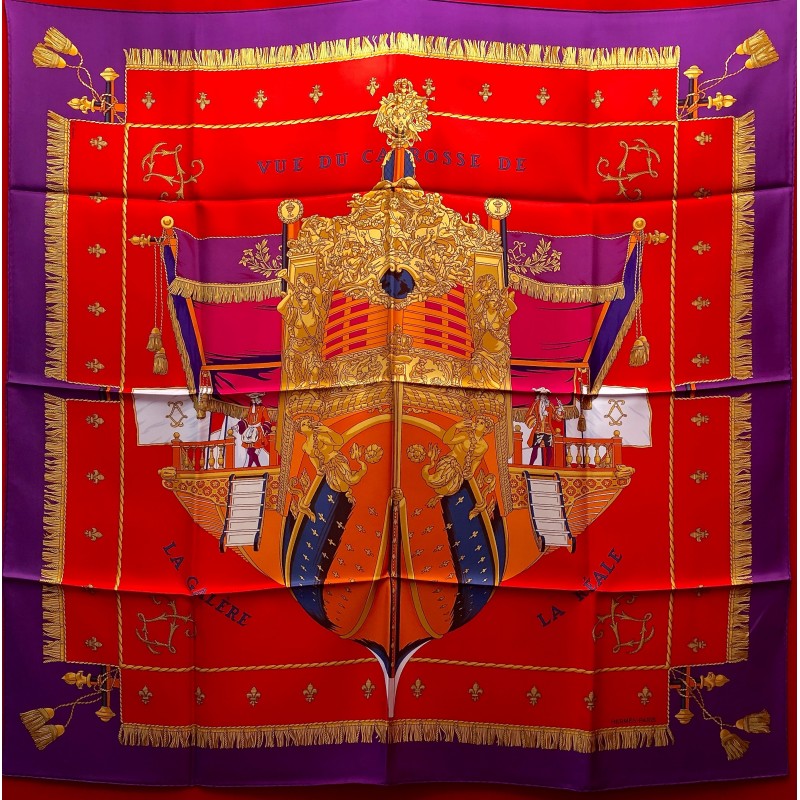 Carré Hermès 90 "Vue Du Carrosse De La Galère" - Soie Bleue - Vintage Occasion
