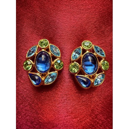 Boucles d'oreilles Yves Saint Laurent pierres bleues et vertes